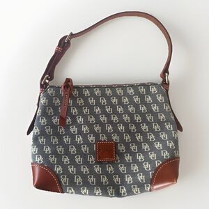 Dooney & Bourke Small Gray Handbag Monogram DB Fabric Leather Trim & Strap